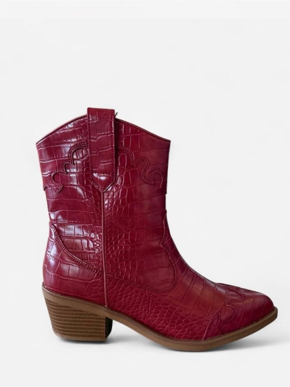 MIA Burgundy Croc-Embossed Western Bootie
